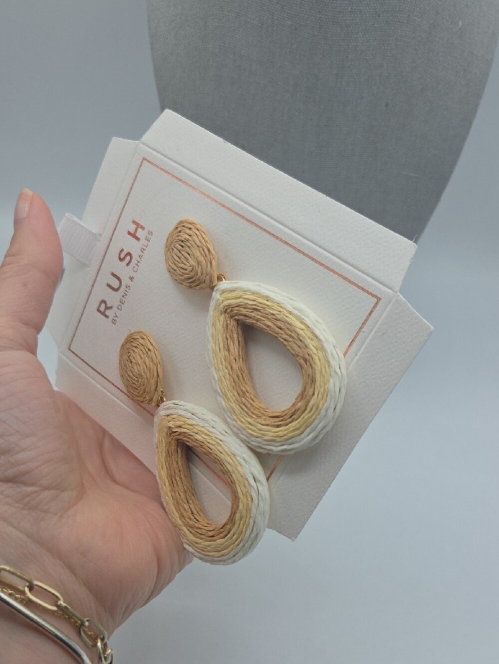 5 for $25! RUSH by Denis & Charles Teardrop Straw Drop Earrings - Beige & Cream - Picture 3 of 5